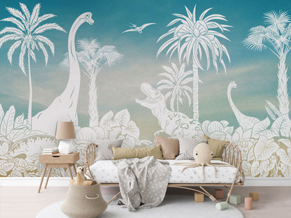 Monochrome Dino - Blue Sky luxury wallpaper in kids room interior — Artehub Egypt