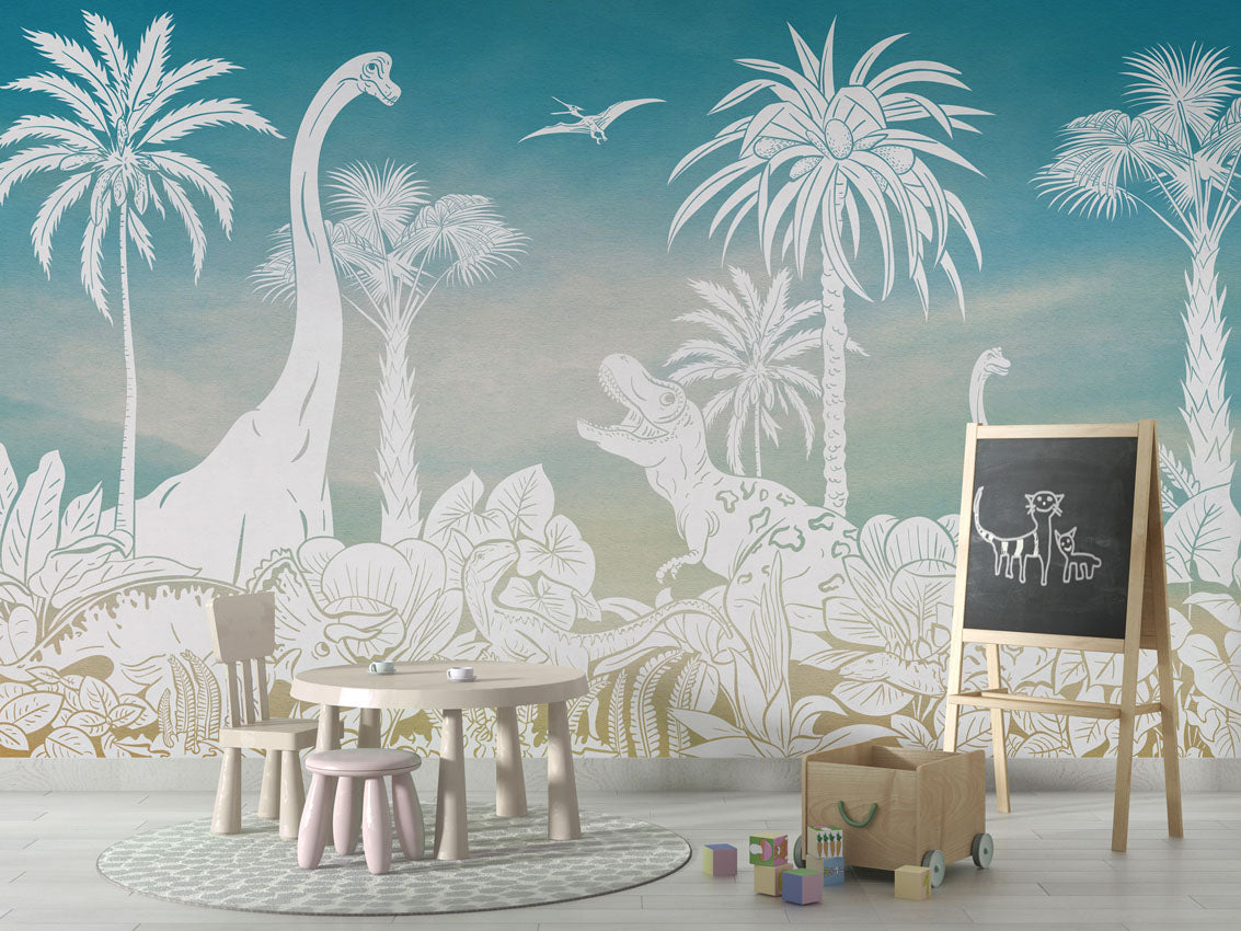 Monochrome Dino - Blue Sky luxury wallpaper in kids room interior — Artehub Egypt