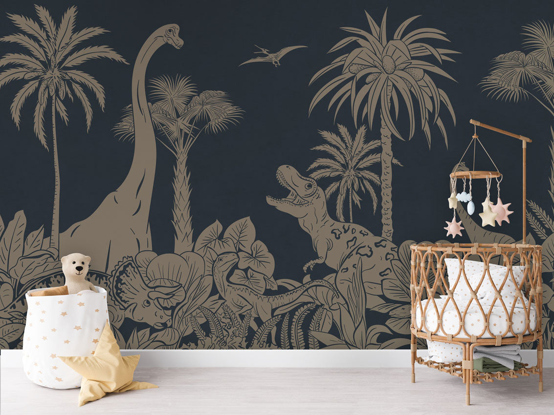 Monochrome Dino - Blue Vintage luxury wallpaper in kids room interior — Artehub Egypt