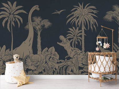 Monochrome Dino - Blue Vintage luxury wallpaper in kids room interior — Artehub Egypt