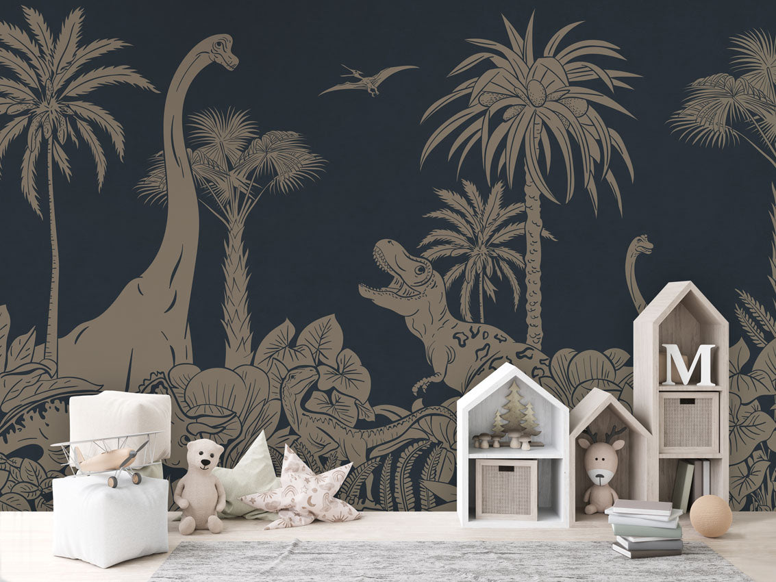 Monochrome Dino - Blue Vintage luxury wallpaper in kids room interior — Artehub Egypt