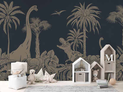 Monochrome Dino - Blue Vintage luxury wallpaper in kids room interior — Artehub Egypt