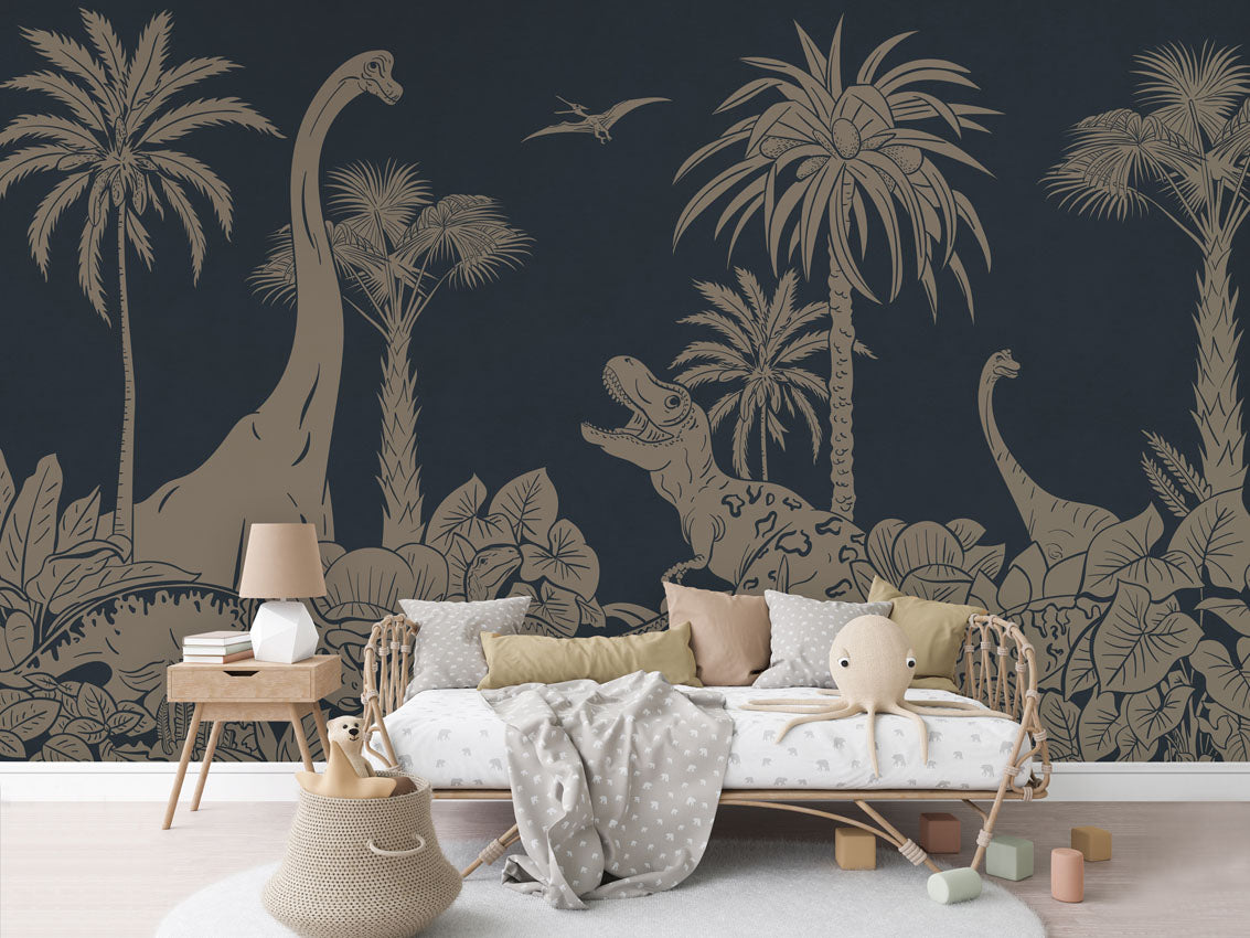 Monochrome Dino - Blue Vintage luxury wallpaper in kids room interior — Artehub Egypt