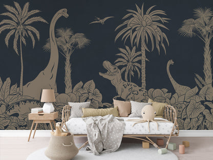 Monochrome Dino - Blue Vintage luxury wallpaper in kids room interior — Artehub Egypt