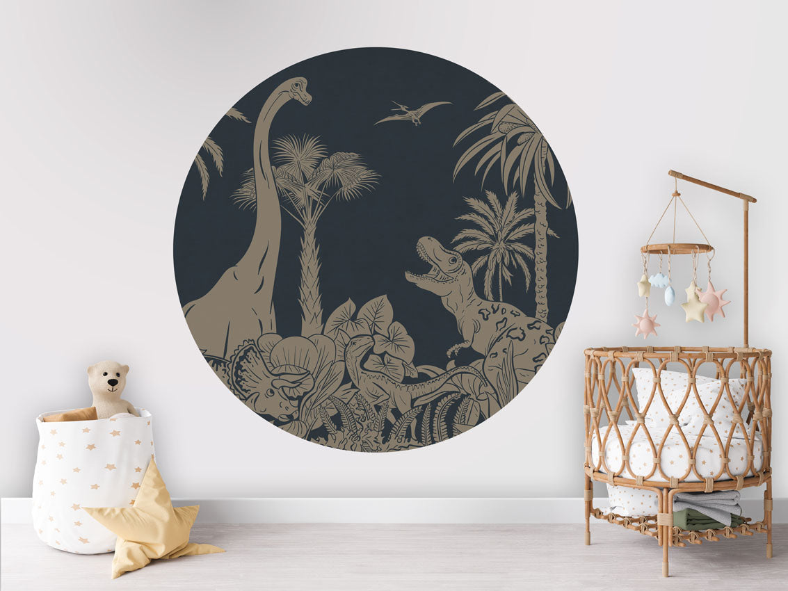 Monochrome Dino - Circle - Blue Vintage wall circle sticker by Artehub