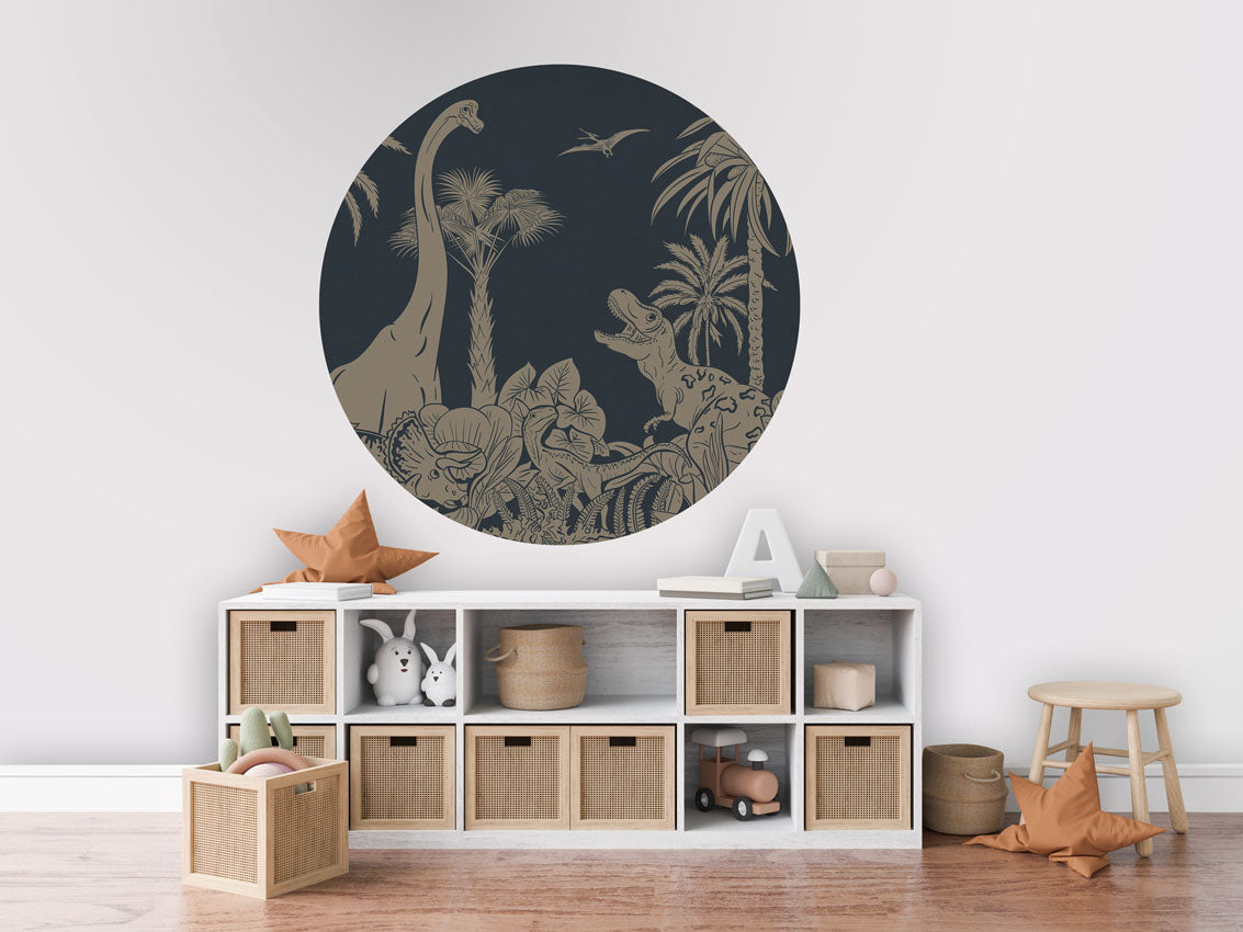 Monochrome Dino - Circle - Blue Vintage wall circle sticker by Artehub