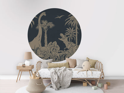 Monochrome Dino - Circle - Blue Vintage wall circle sticker by Artehub