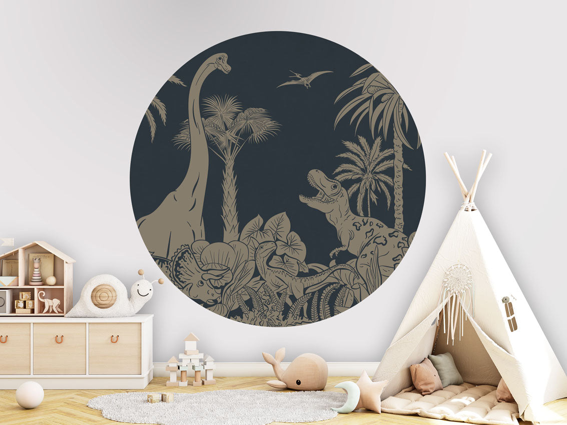 Monochrome Dino - Circle - Blue Vintage wall circle sticker by Artehub