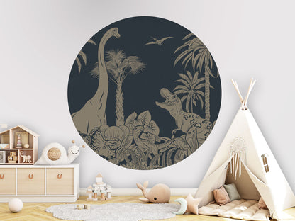 Monochrome Dino - Circle - Blue Vintage wall circle sticker by Artehub