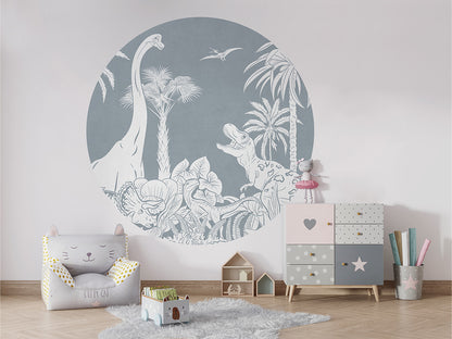 Monochrome Dino - Blue - Circle wall circle sticker by Artehub