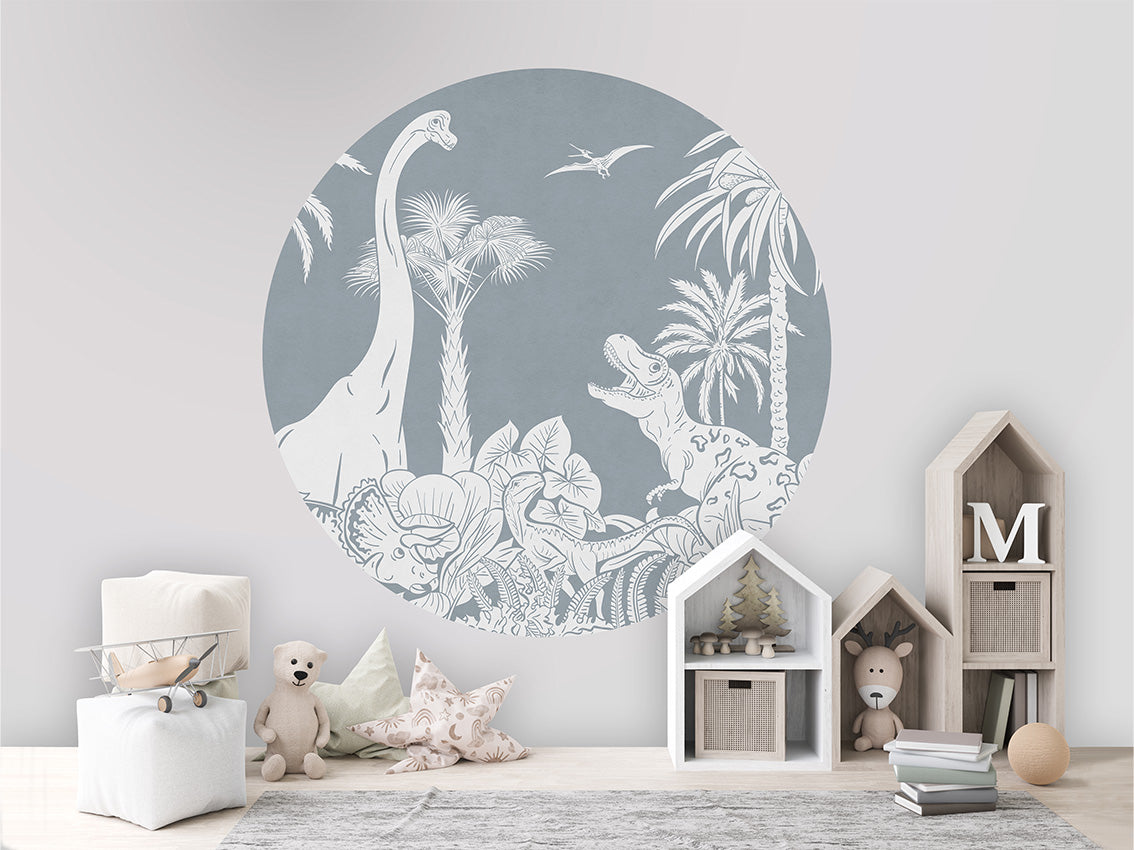 Monochrome Dino - Blue - Circle wall circle sticker by Artehub