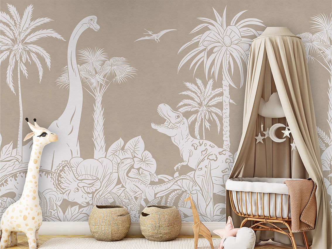 Monochrome Dino - Brown luxury wallpaper in kids room interior — Artehub Egypt