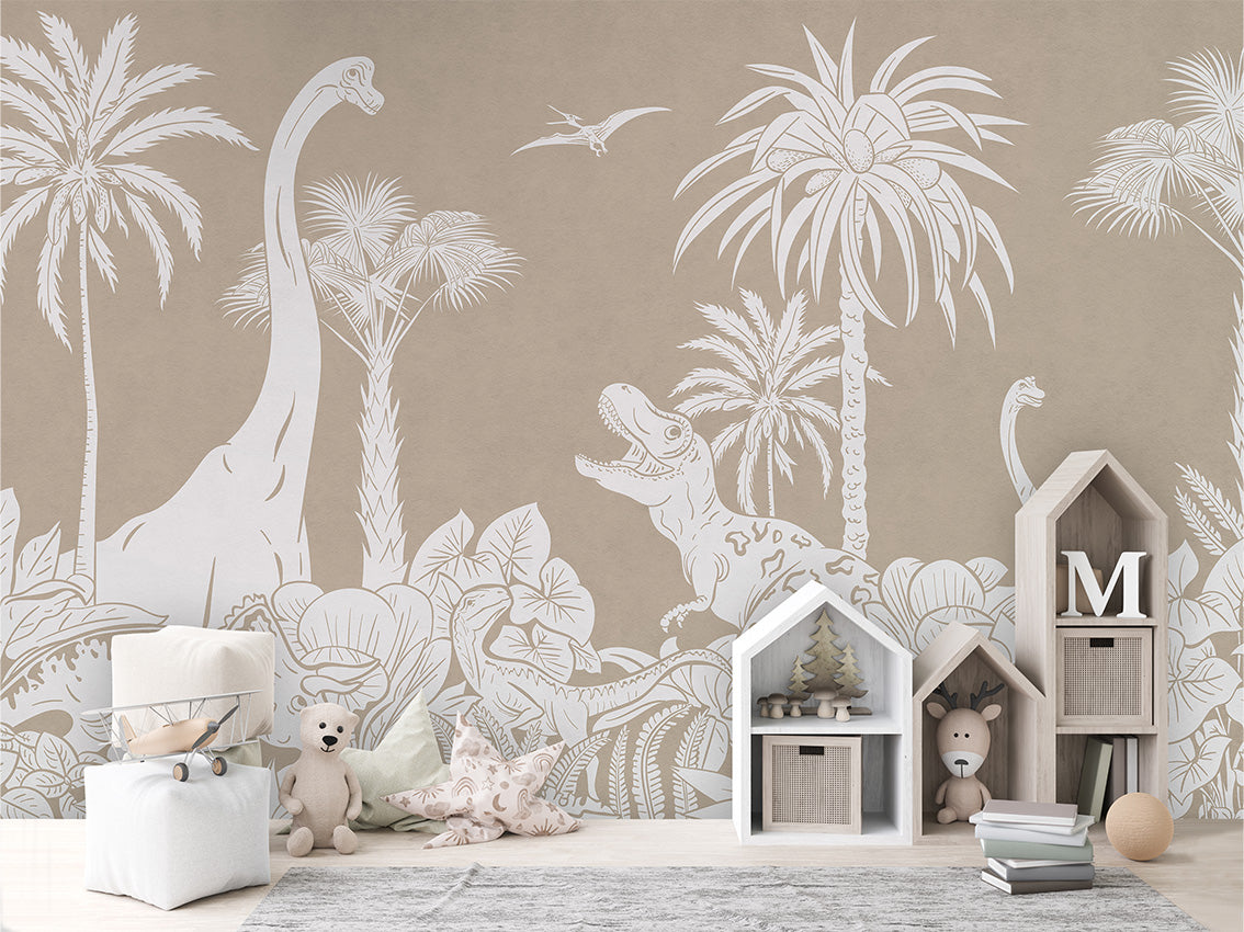 Monochrome Dino - Brown luxury wallpaper in kids room interior — Artehub Egypt
