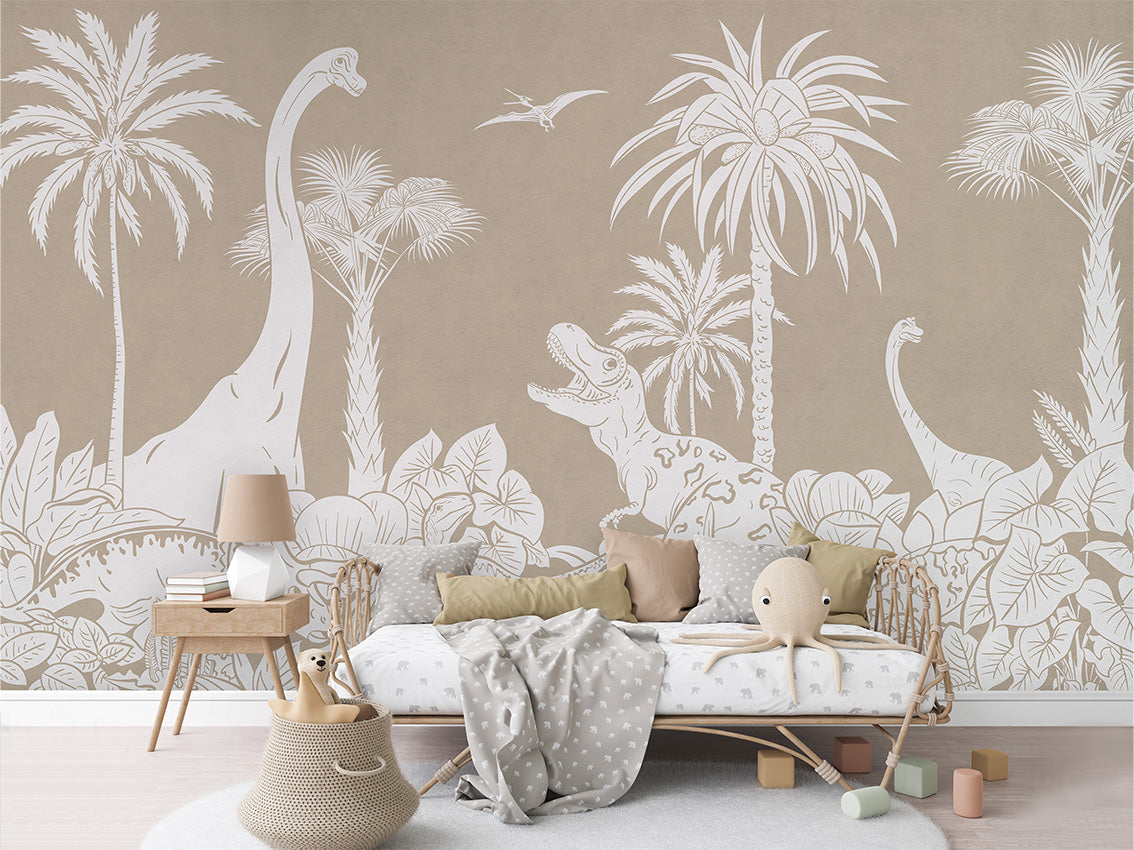 Monochrome Dino - Brown luxury wallpaper in kids room interior — Artehub Egypt