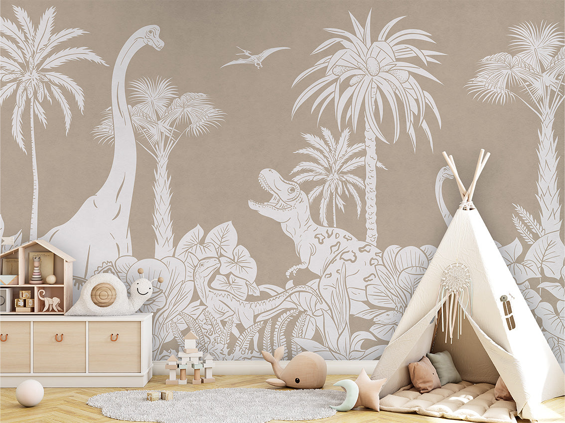 Monochrome Dino - Brown luxury wallpaper in kids room interior — Artehub Egypt
