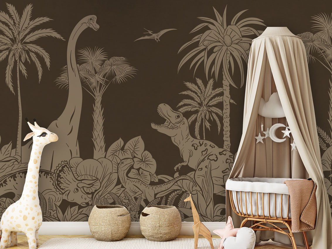 Monochrome Dino - Brown Vintage luxury wallpaper in kids room interior — Artehub Egypt