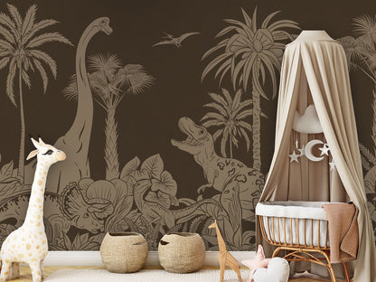 Monochrome Dino - Brown Vintage luxury wallpaper in kids room interior — Artehub Egypt