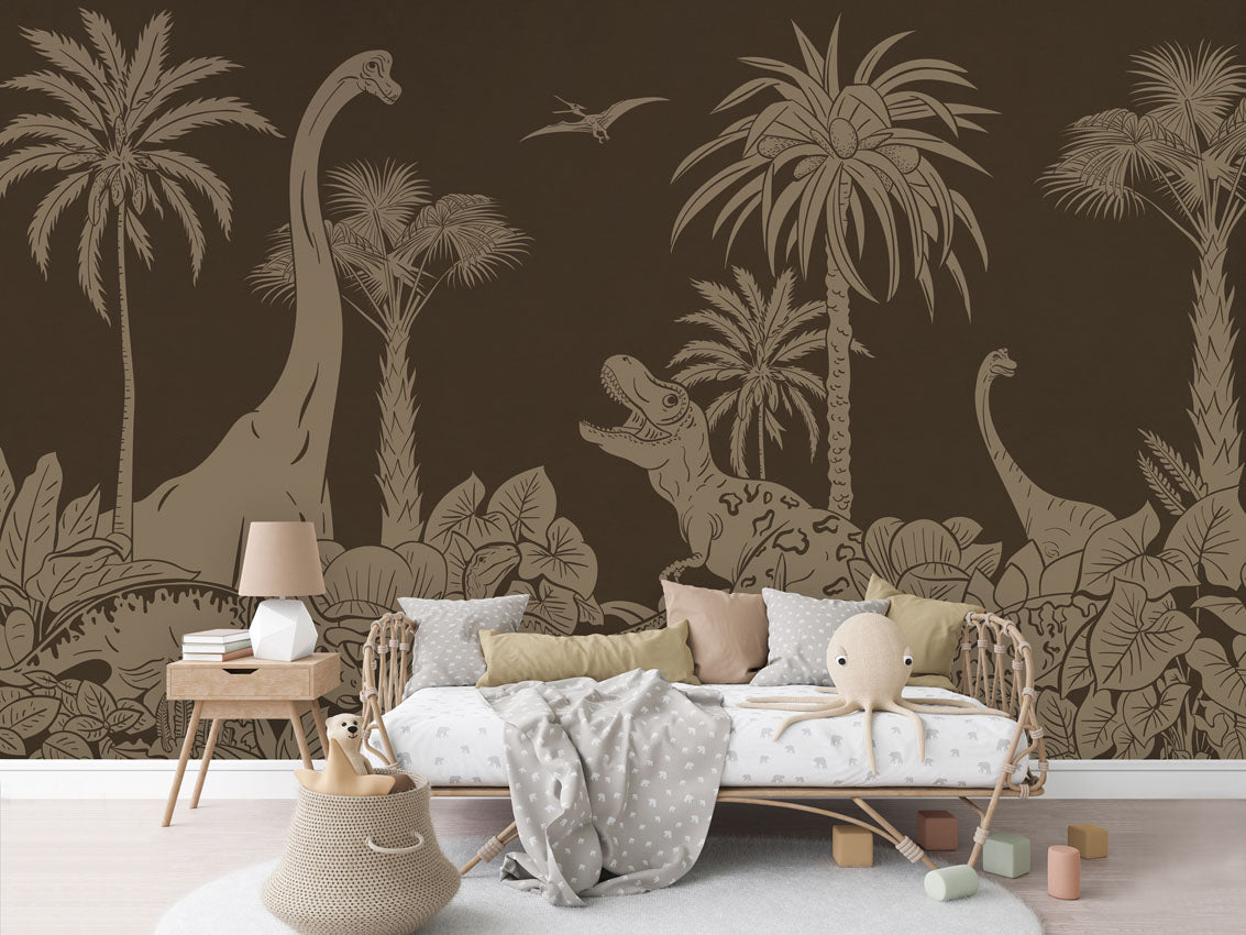 Monochrome Dino - Brown Vintage luxury wallpaper in kids room interior — Artehub Egypt