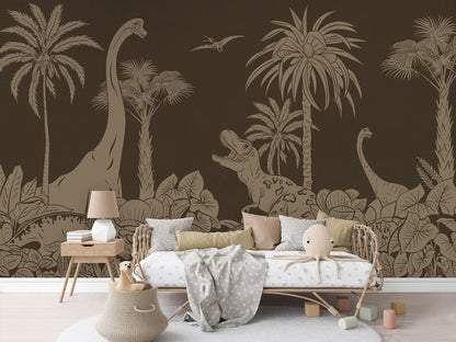 Monochrome Dino - Brown Vintage luxury wallpaper in kids room interior — Artehub Egypt