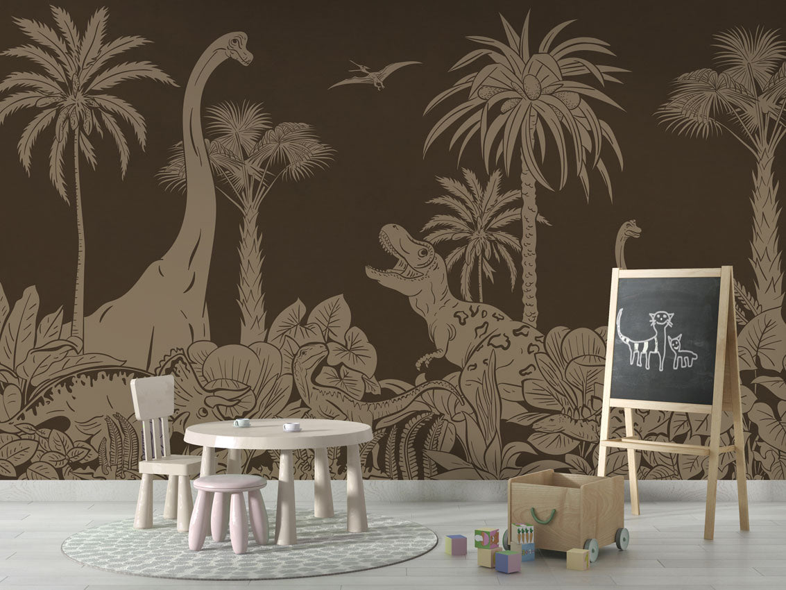 Monochrome Dino - Brown Vintage luxury wallpaper in kids room interior — Artehub Egypt