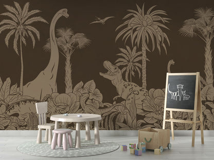 Monochrome Dino - Brown Vintage luxury wallpaper in kids room interior — Artehub Egypt