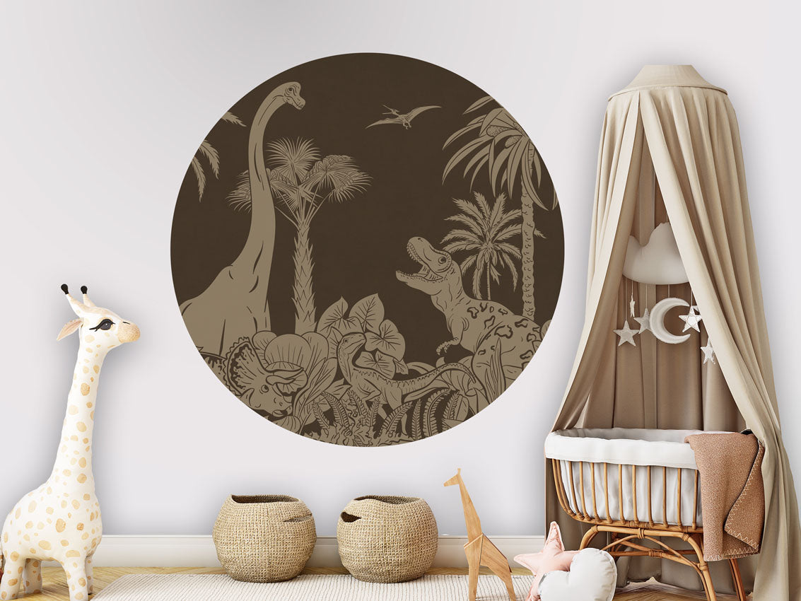 Monochrome Dino - Circle - Brown Vintage wall circle sticker by Artehub