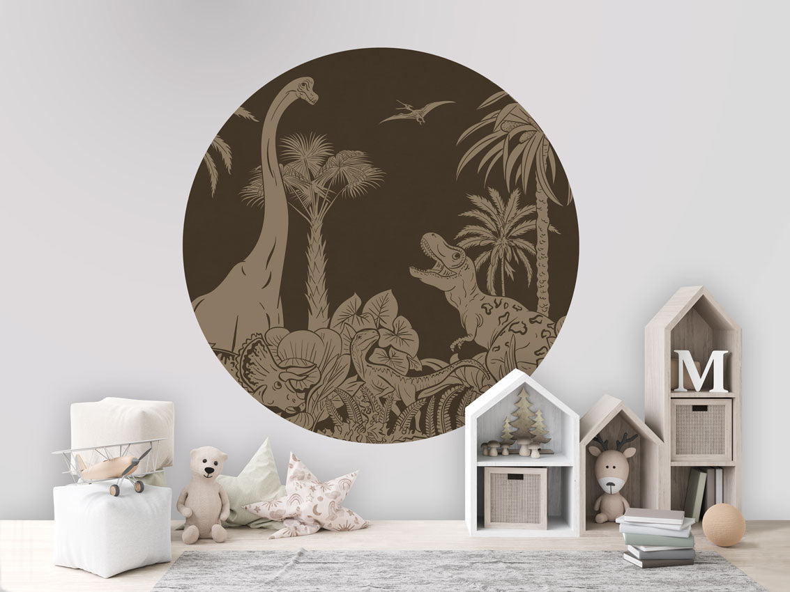 Monochrome Dino - Circle - Brown Vintage wall circle sticker by Artehub