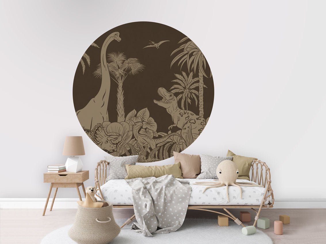 Monochrome Dino - Circle - Brown Vintage wall circle sticker by Artehub