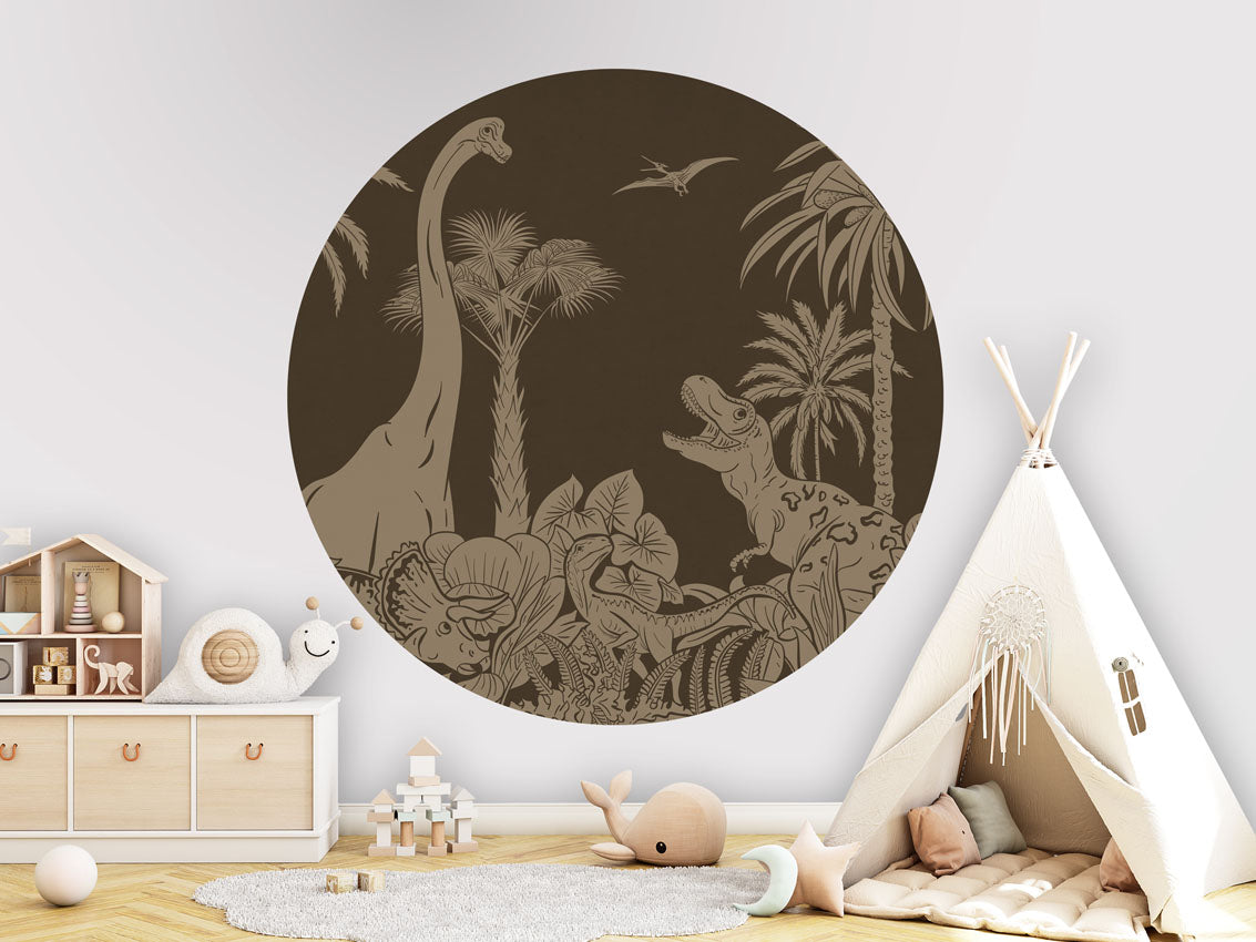 Monochrome Dino - Circle - Brown Vintage wall circle sticker by Artehub