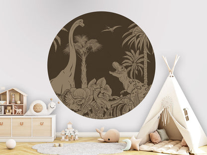 Monochrome Dino - Circle - Brown Vintage wall circle sticker by Artehub