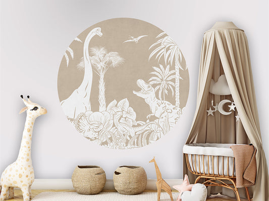 Monochrome Dino - Brown - Circle wall circle sticker by Artehub