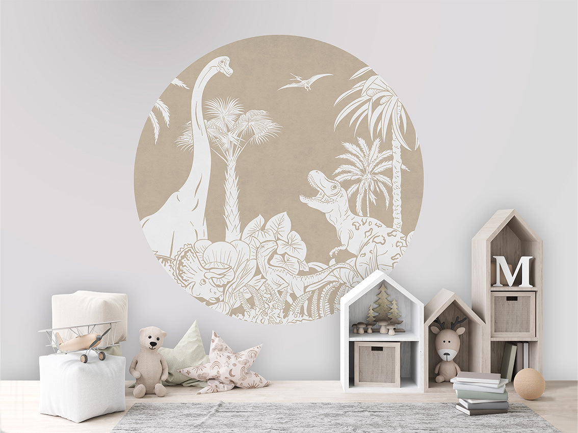 Monochrome Dino - Brown - Circle wall circle sticker by Artehub