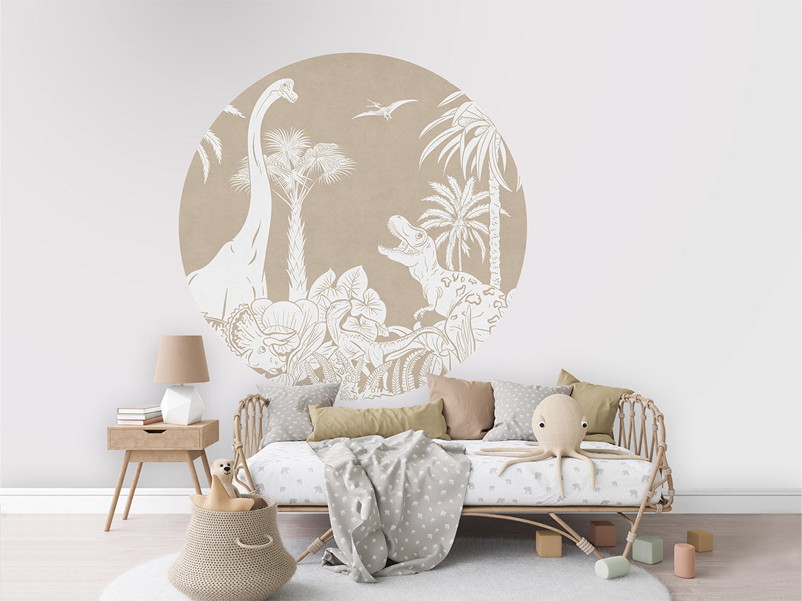 Monochrome Dino - Brown - Circle wall circle sticker by Artehub