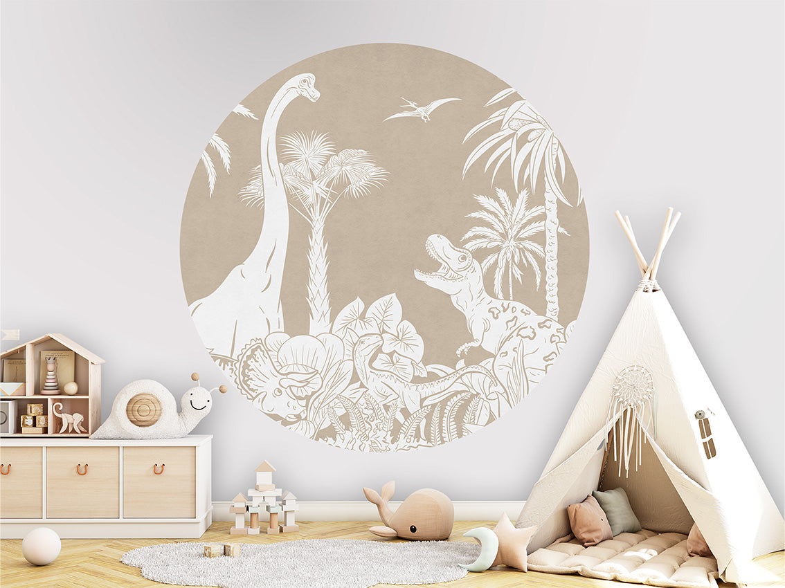 Monochrome Dino - Brown - Circle wall circle sticker by Artehub