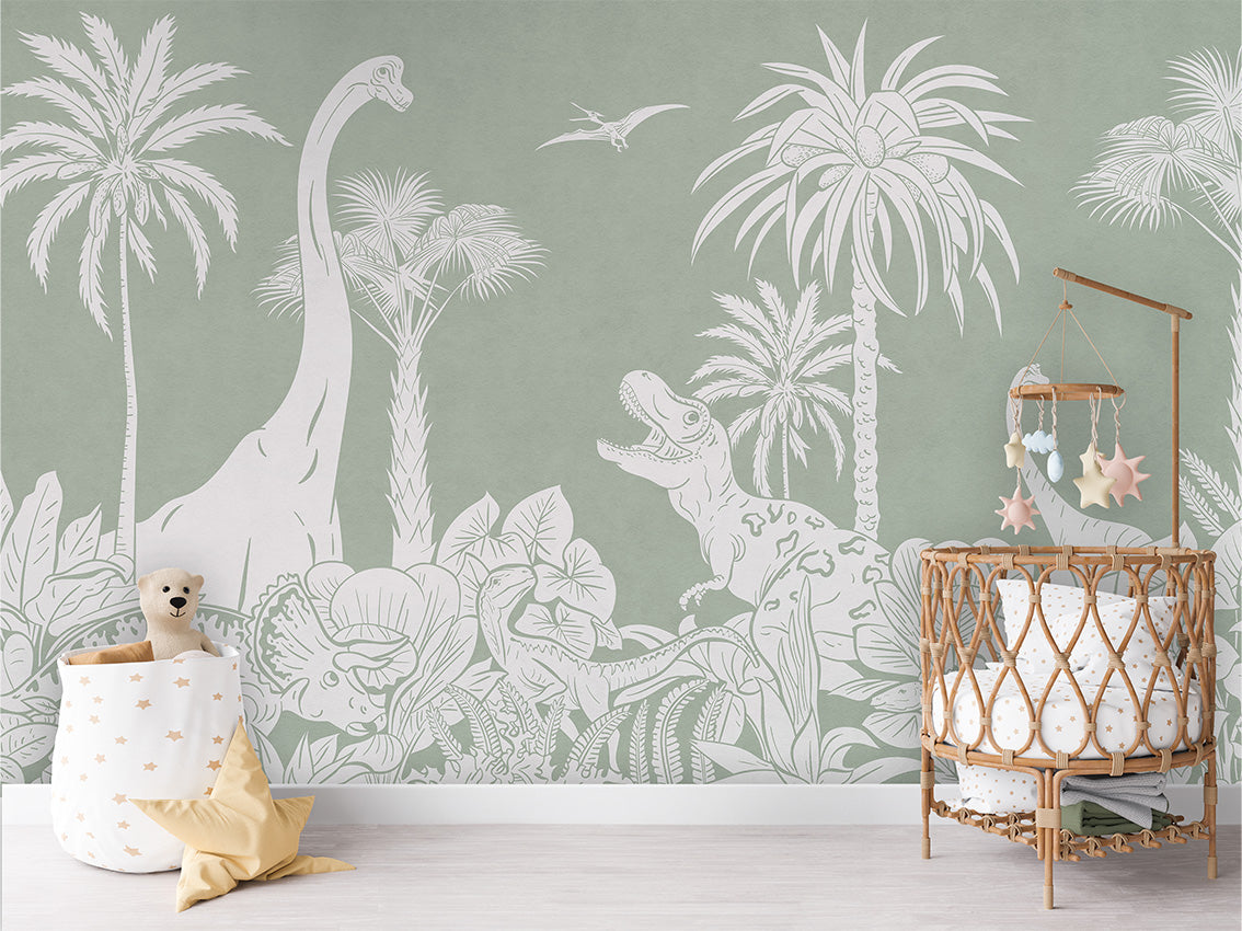 Monochrome Dino - Green luxury wallpaper in kids room interior — Artehub Egypt