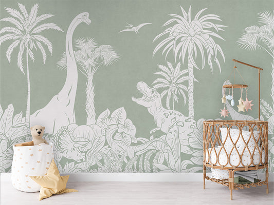 Monochrome Dino - Green luxury wallpaper in kids room interior — Artehub Egypt