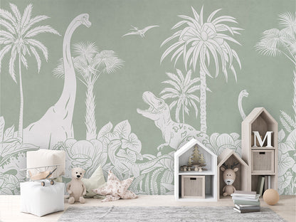 Monochrome Dino - Green luxury wallpaper in kids room interior — Artehub Egypt