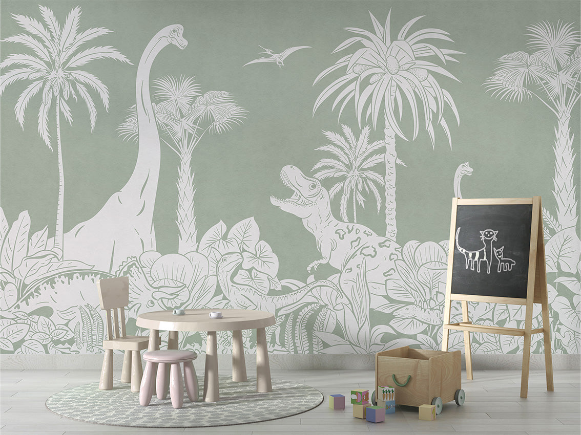 Monochrome Dino - Green luxury wallpaper in kids room interior — Artehub Egypt