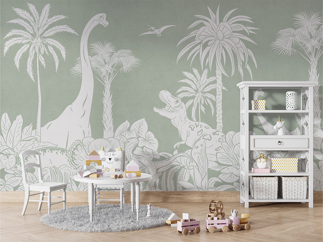 Monochrome Dino - Green luxury wallpaper in kids room interior — Artehub Egypt