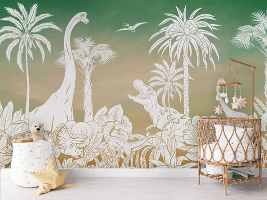 Monochrome Dino - Green Sky luxury wallpaper in kids room interior — Artehub Egypt