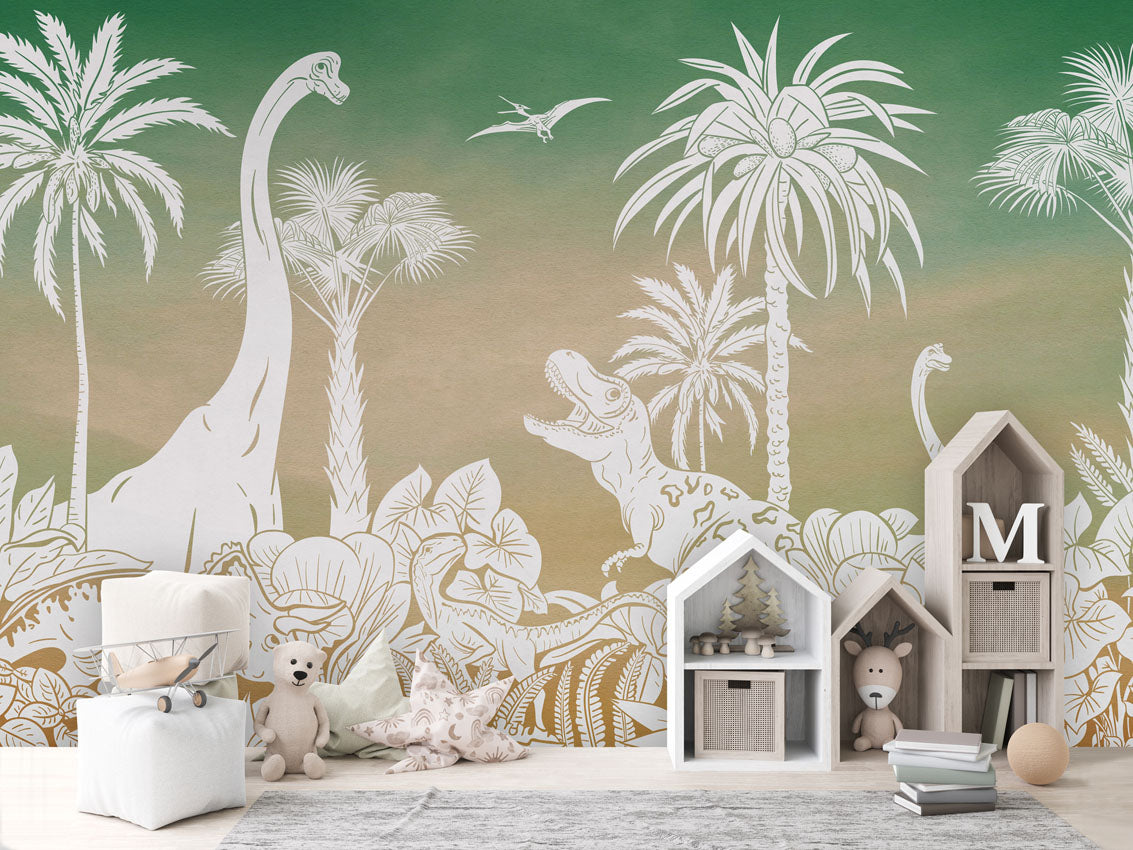 Monochrome Dino - Green Sky luxury wallpaper in kids room interior — Artehub Egypt