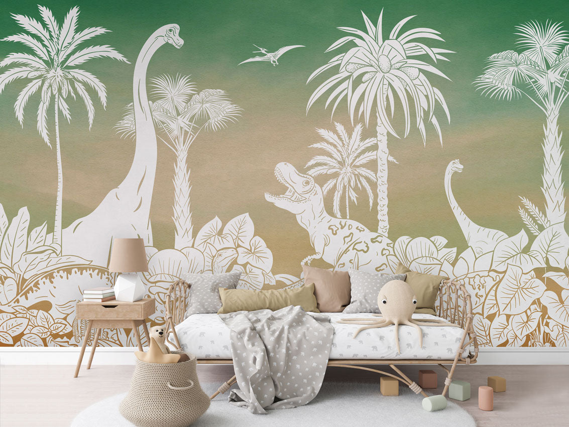Monochrome Dino - Green Sky luxury wallpaper in kids room interior — Artehub Egypt