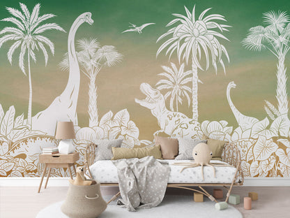 Monochrome Dino - Green Sky luxury wallpaper in kids room interior — Artehub Egypt