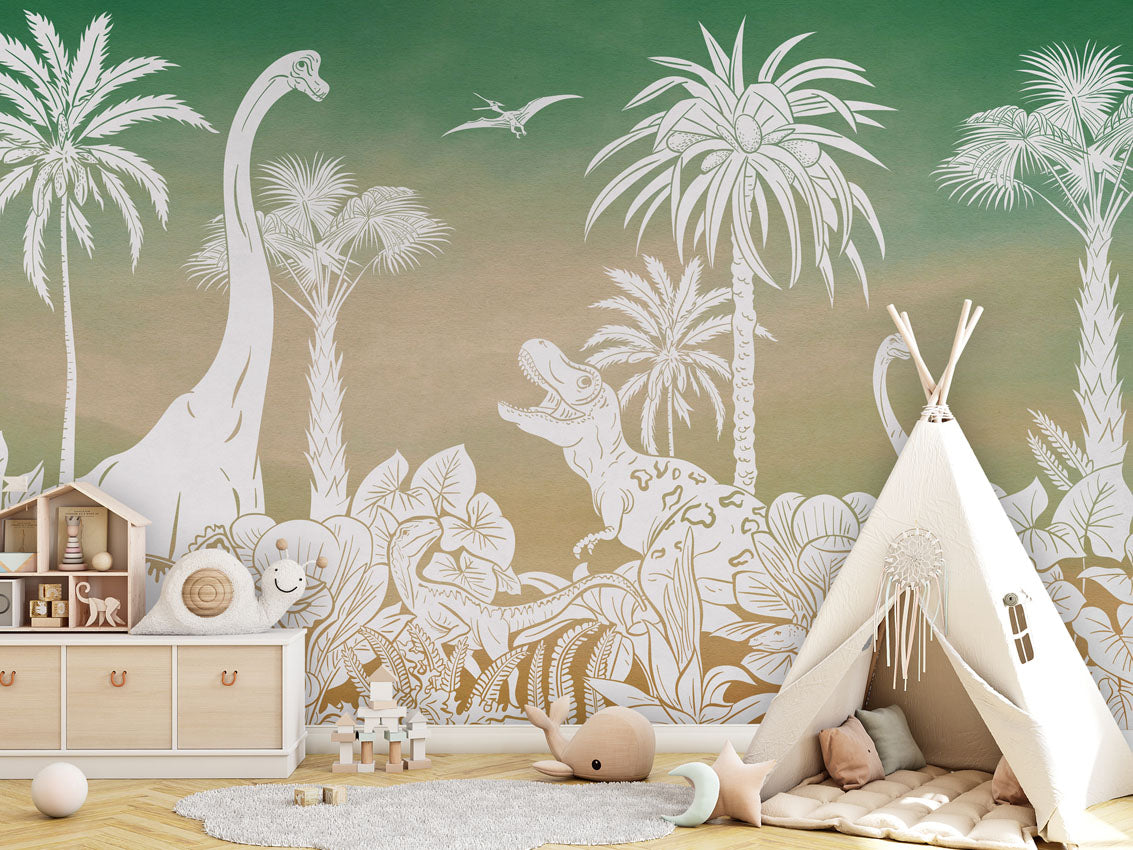 Monochrome Dino - Green Sky luxury wallpaper in kids room interior — Artehub Egypt