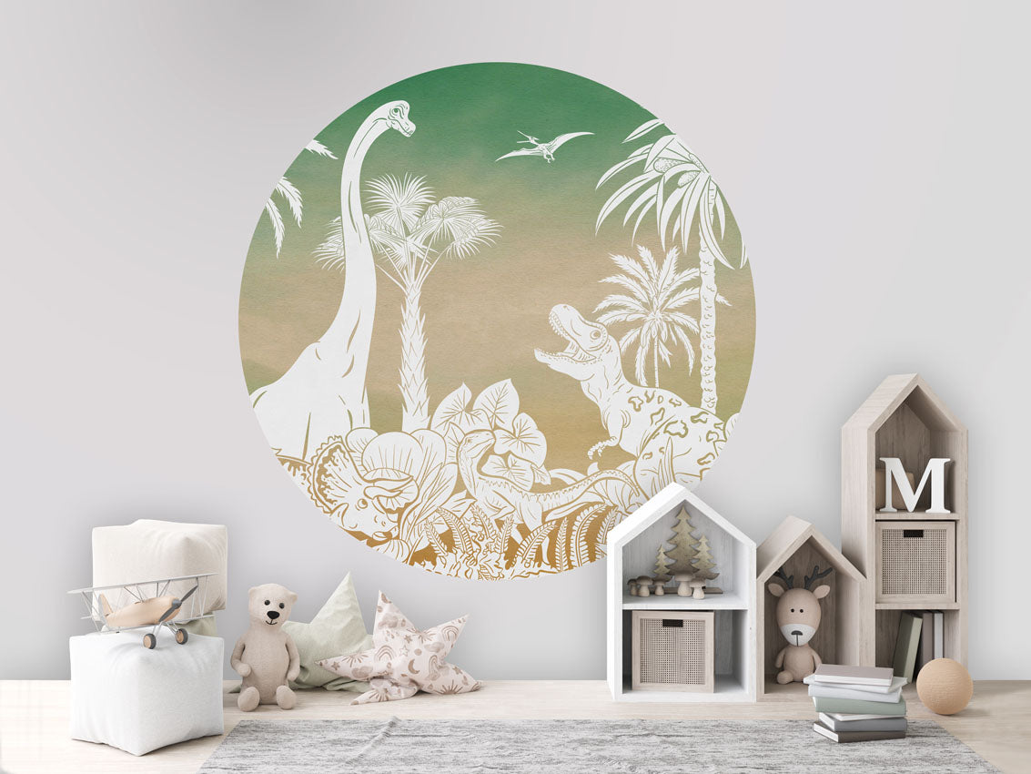 Monochrome Dino - Circle - Green Sky wall circle sticker by Artehub