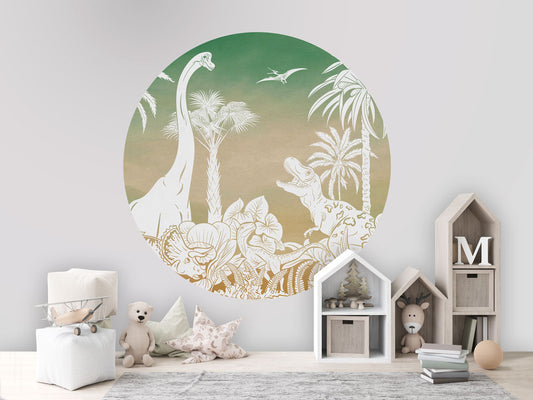 Monochrome Dino - Circle - Green Sky wall circle sticker by Artehub