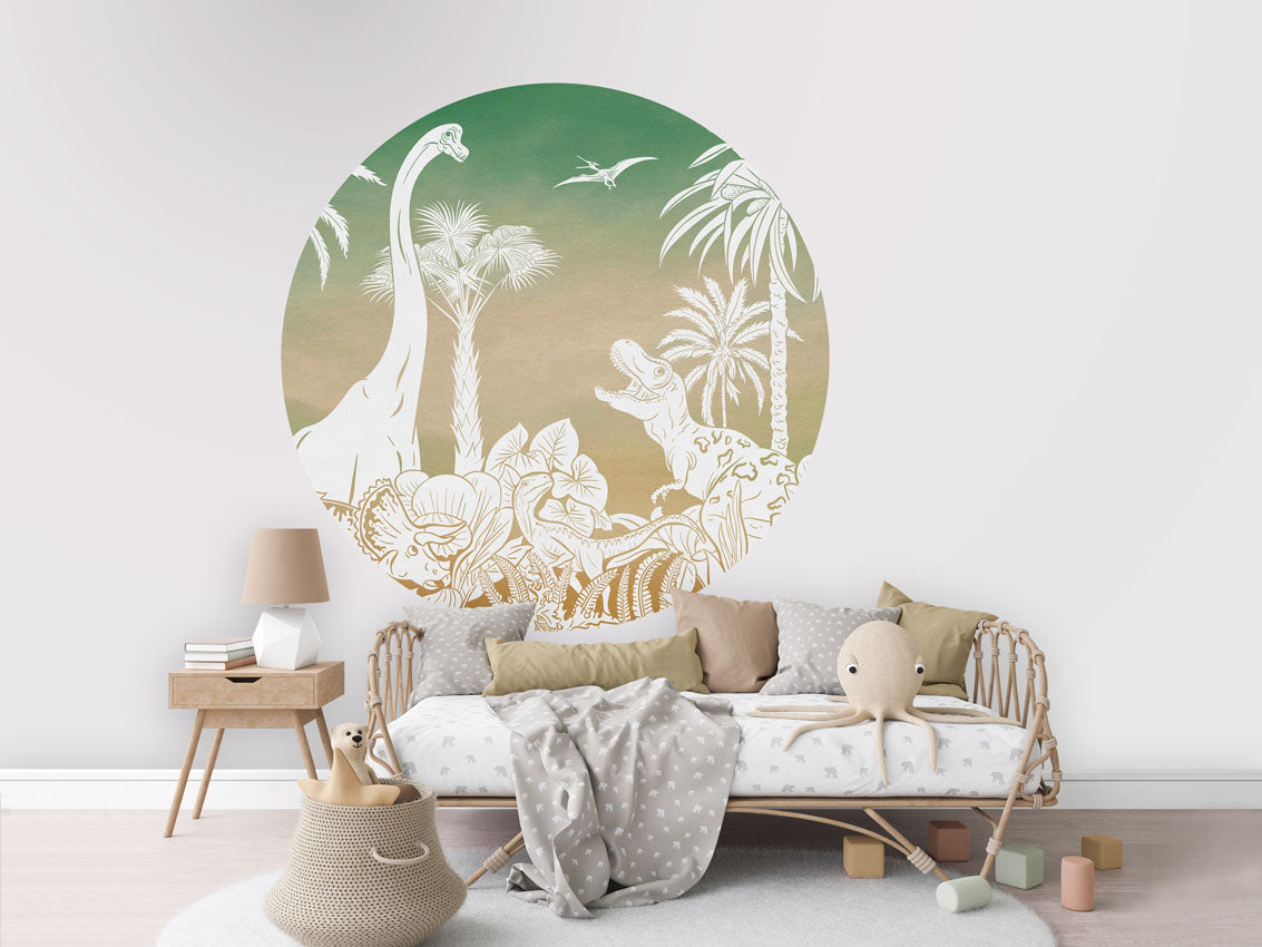 Monochrome Dino - Circle - Green Sky wall circle sticker by Artehub