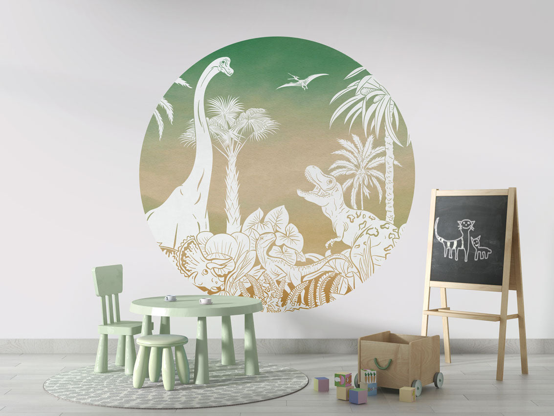 Monochrome Dino - Circle - Green Sky wall circle sticker by Artehub