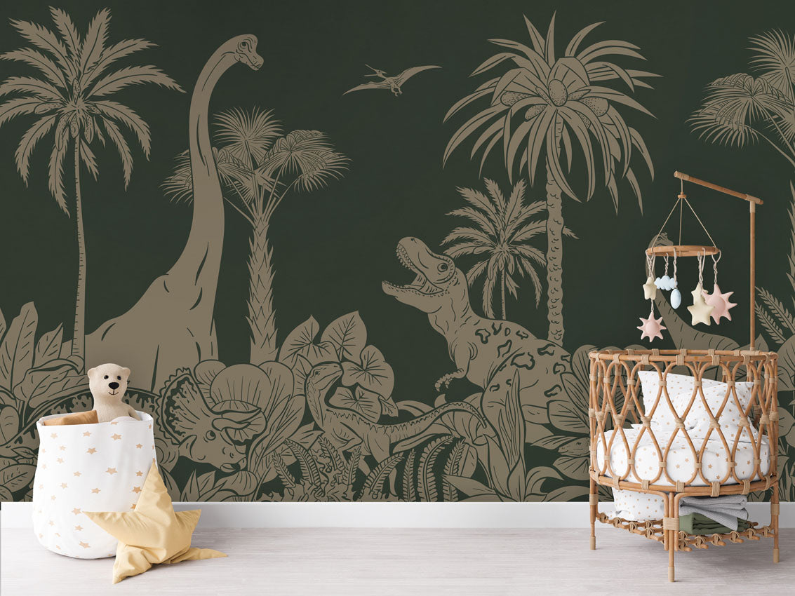 Monochrome Dino - Green Vintage luxury wallpaper in kids room interior — Artehub Egypt