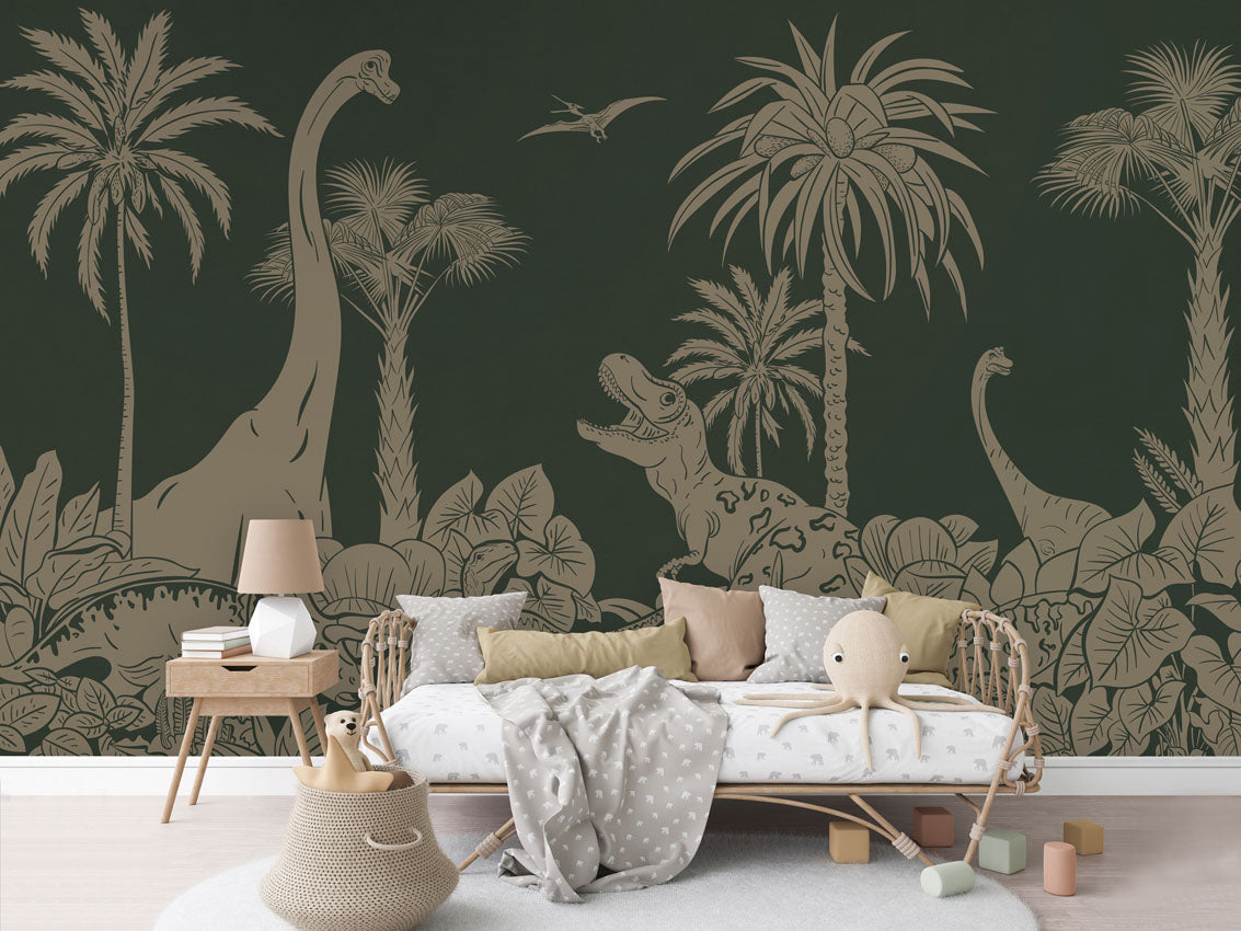 Monochrome Dino - Green Vintage luxury wallpaper in kids room interior — Artehub Egypt